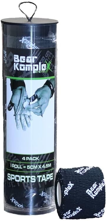 Bear KompleX Athletic Sports Tape Sweatproof Breathable NonSlip Wrist Tape Waterproof Breathable Grip Tape for Lifting and Hook Grip Hypoallergenic Latex Free 4 or 12 Pack 5 cm Black